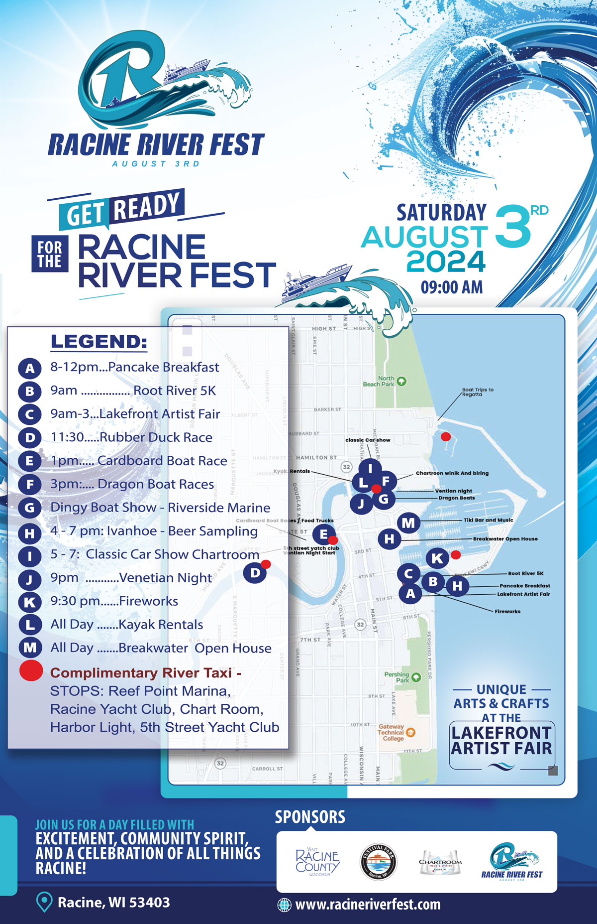 Racine River Fest VENETIAN NIGHT ….. dinghy & boat parade on the Root River, from 5th Street Yacht Club to Reefpoint. Cash prizes. Dinghy & Boat divisions. Yacht Club Sterling Silver Venetian Trophy Award Winners to be announce and awards presented at Bridge Tender FIREWORKS with music event - Pyromusic fest Rivers end featuring: Dueling Piano Event w/ Marcel Guyton & Steve Watts